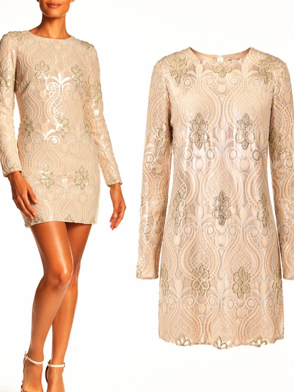 Dress the Population Naomi Sequin Mini Dress Nude Gold Lace Shift Long Sleeve XL